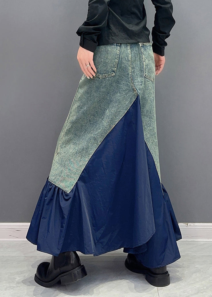 Style Blue Ruffled Pockets Patchwork Slim Fit Denim Skirt Fall