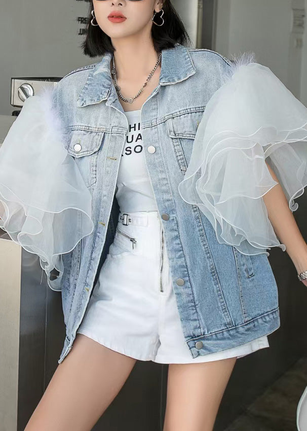 Style Blue Ruffled Tulle Patchwork Button Coats Short Sleeve