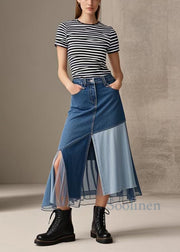 Style Blue Silm Fit Patchwork Side Open Denim Skirts Spring