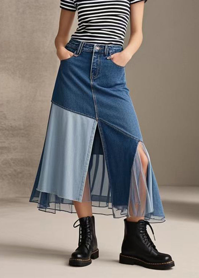 Style Blue Silm Fit Patchwork Side Open Denim Skirts Spring