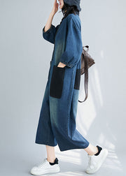 Style Blue Stand Collar Oversized Patchwork Pockets Denim Jumpsuits Summer