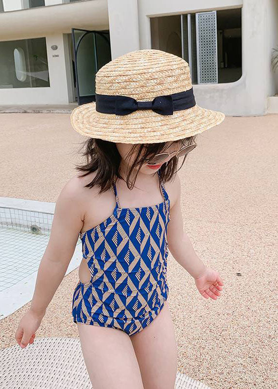 Style Blue Striped Backless Girls One Piece Swimsui Sleeveless