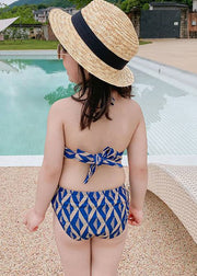 Style Blue Striped Backless Girls One Piece Swimsui Sleeveless