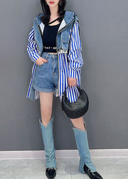 Style Blue Striped Patchwork False Two Pieces Denim Hoodies Outwear Long Sleeve