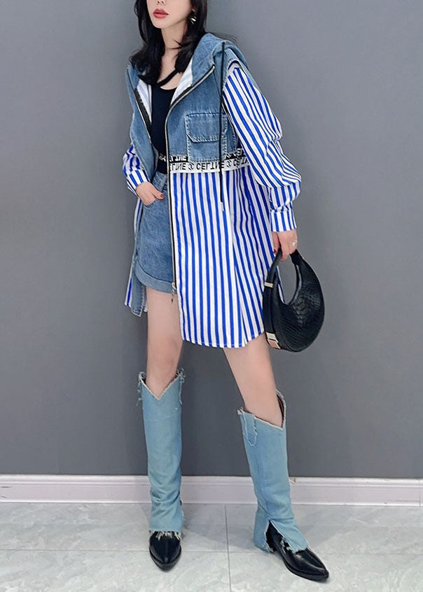 Style Blue Striped Patchwork False Two Pieces Denim Hoodies Outwear Long Sleeve