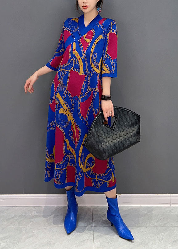 Style Blue V Neck Oriental Button Print Long Dress Half Sleeve