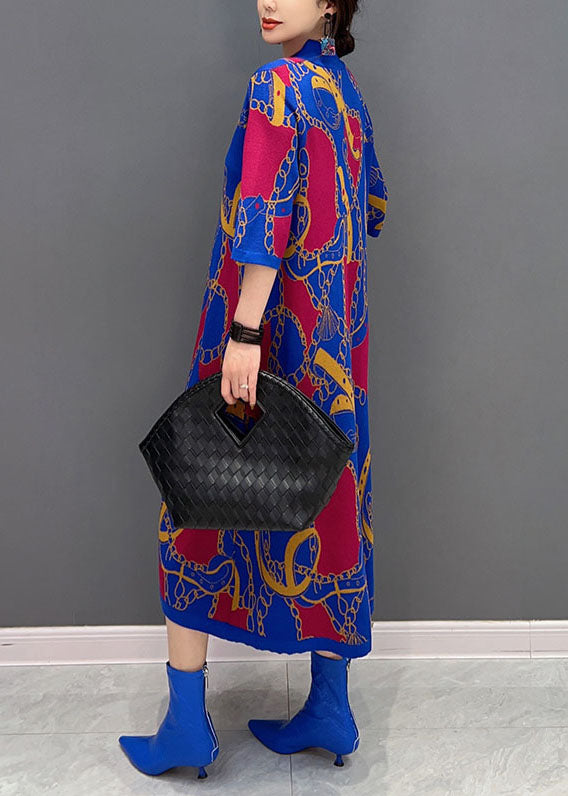 Style Blue V Neck Oriental Button Print Long Dress Half Sleeve