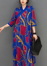 Style Blue V Neck Oriental Button Print Long Dress Half Sleeve