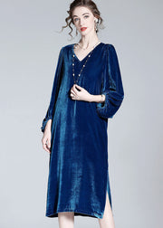 Style Blue V Neck Patchwork Wrinkled Silk Velour Dresses Spring