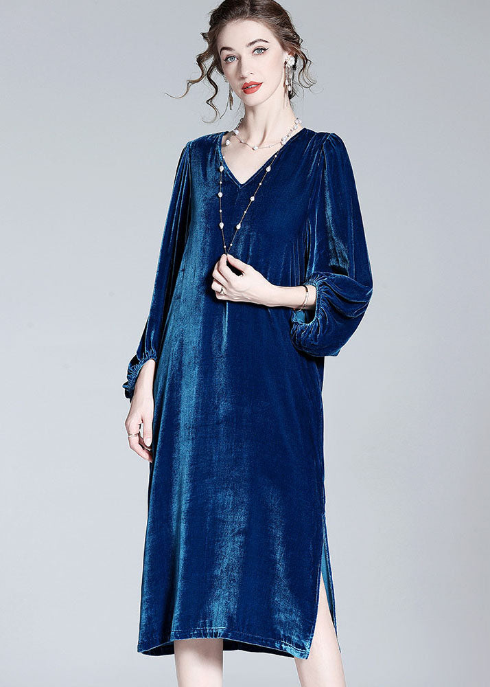 Style Blue V Neck Patchwork Wrinkled Silk Velour Dresses Spring