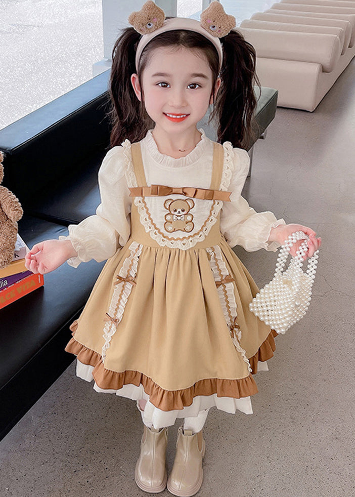 Style Brown Bow Ruffled Patchwork Cotton Girls Two Pieces Set Fall