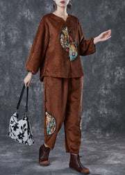 Style Brown Oversized Patchwork Corduroy Two Piece Suit Set Spring