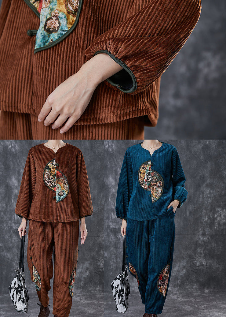 Style Brown Oversized Patchwork Corduroy Two Piece Suit Set Spring