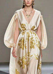 Style Champagne V Neck Print Silk Maxi Dress Cloak Sleeves