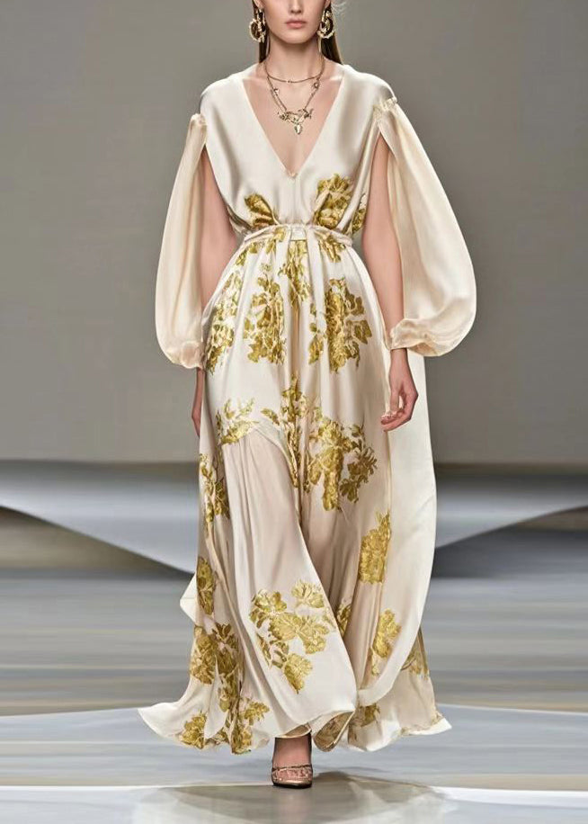 Style Champagne V Neck Print Silk Maxi Dress Cloak Sleeves