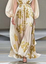 Style Champagne V Neck Print Silk Maxi Dress Cloak Sleeves