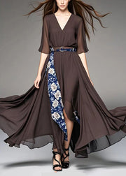 Style Chocolate Asymmetrical Patchwork Print Chiffon Ankle Dress Summer