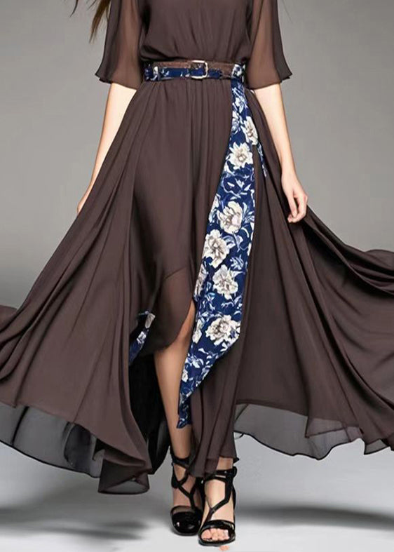 Style Chocolate Asymmetrical Patchwork Print Chiffon Ankle Dress Summer