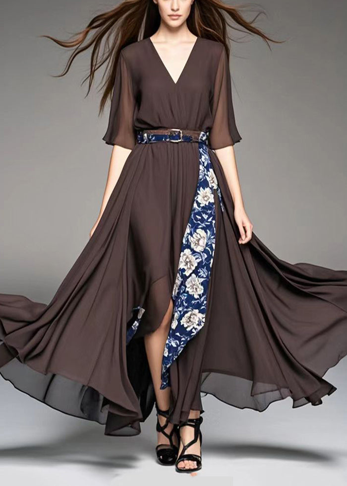 Style Chocolate Asymmetrical Patchwork Print Chiffon Ankle Dress Summer