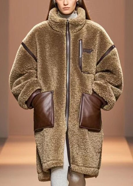 Style Chocolate Oversized Patchwork Warm Fleece Trench Winter