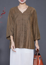 Style Chocolate V Neck Embroideried Silk Tops Bracelet Sleeve