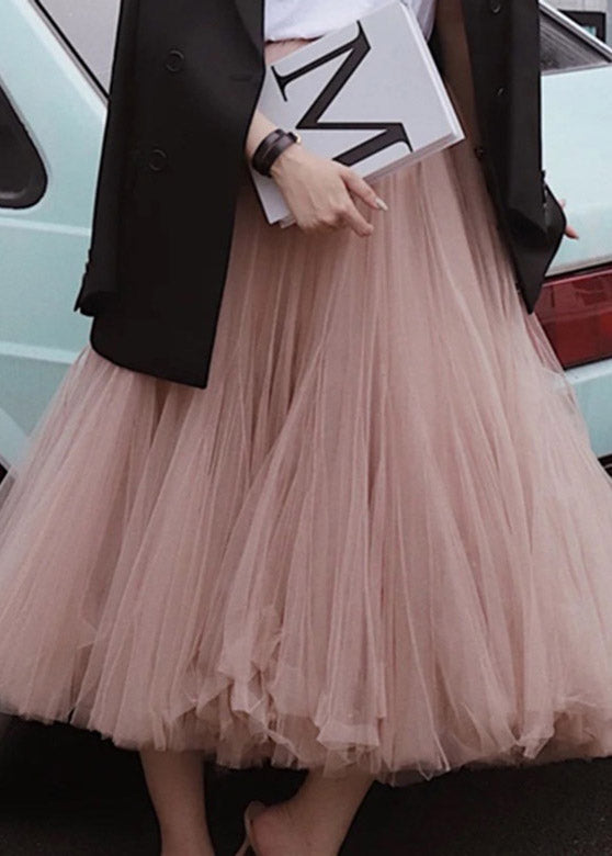 Style Chocolate Apricot Patchwork Tulle Pleated Skirts Spring