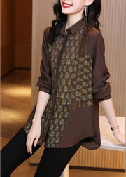 Style Chocolate Colour Peter Pan Collar Print Button Silk Linen Shirts Long Sleeve