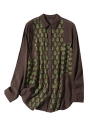 Style Chocolate Colour Peter Pan Collar Print Button Silk Linen Shirts Long Sleeve