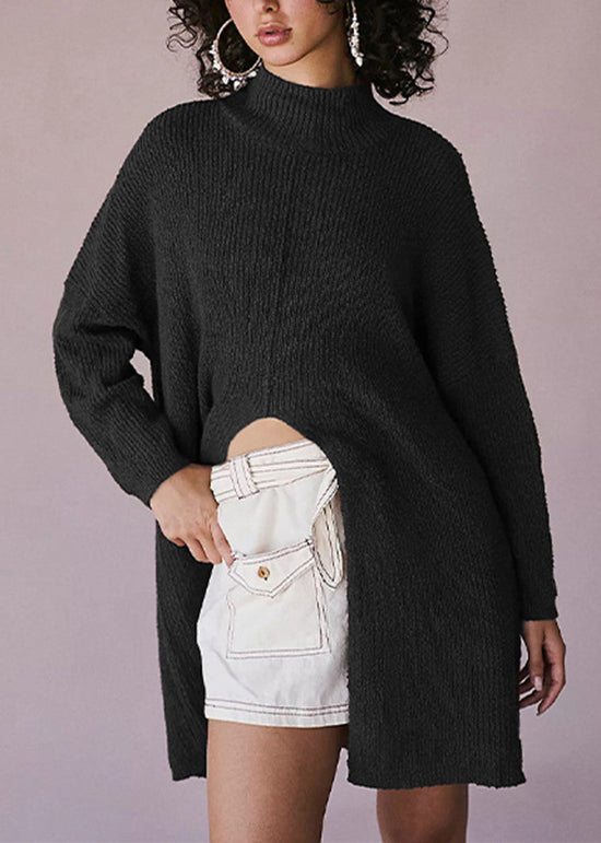 Style Coffee High Neck Side Open Knitwear Dress Fall