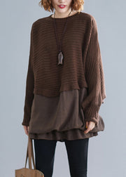 Style Chocolate O-Neck Patchwork Knit Sweaters Batwing Sleeve