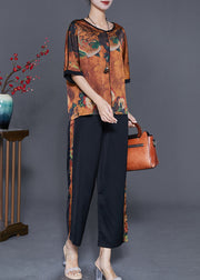 Style Coffee Oversized Patchwork Print Silk Two Pieces Set Summer