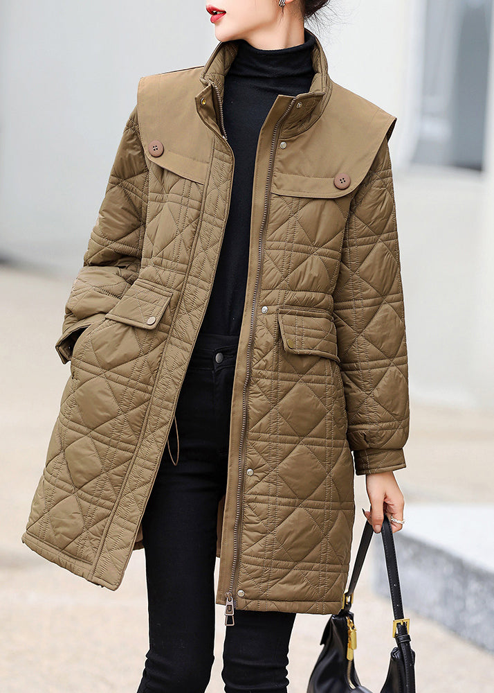 Style Coffee Stand Collar Pockets Patchwork Fine Cotton Filled Winter Coat