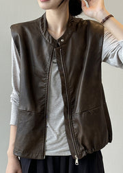 Style Coffee Zip Up Faux Leather Vest Tops Sleeveless