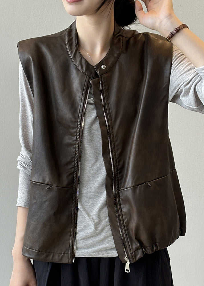 Style Coffee Zip Up Faux Leather Vest Tops Sleeveless