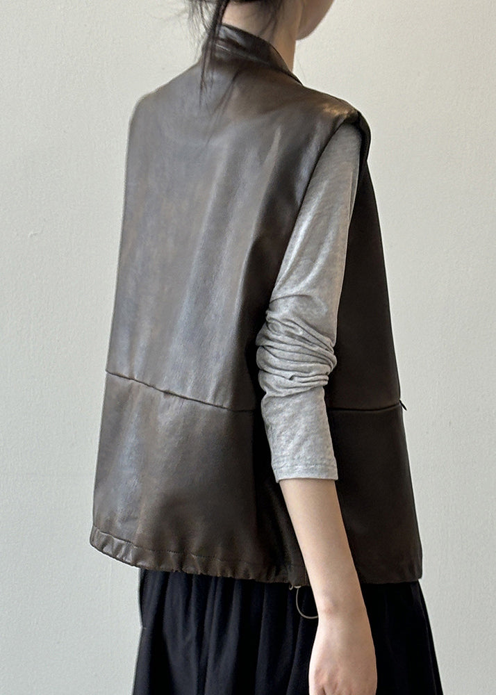 Style Coffee Zip Up Faux Leather Vest Tops Sleeveless