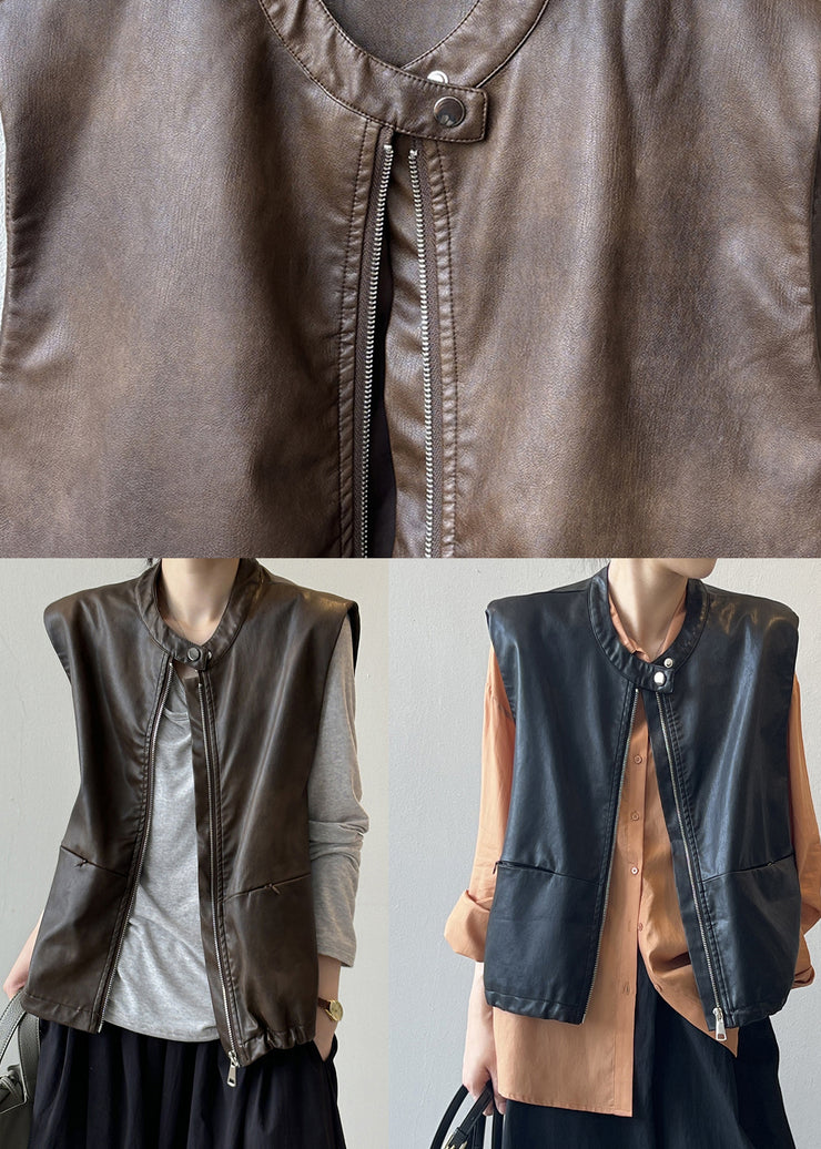 Style Coffee Zip Up Faux Leather Vest Tops Sleeveless