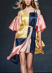 Style Colorblock Asymmetrical Patchwork Silk Sundress Summer