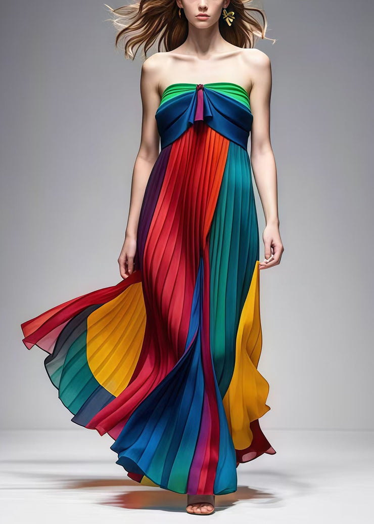 Style Colorblock Bustier Top Cold Shoulder Chiffon Strapless Pleated Dress Summer