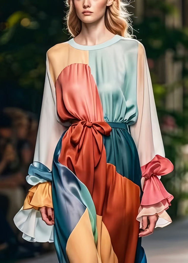 Style Colorblock Cinched Patchwork Silk Holiday Dress Petal Sleeve