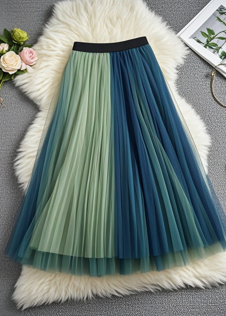 Style Colorblock Elastic Waist Patchwork Tulle Pleated Skirts Fall