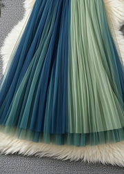 Style Colorblock Elastic Waist Patchwork Tulle Pleated Skirts Fall