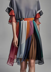 Style Colorblock O Neck Patchwork Chiffon Dresses Summer