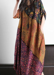 Style Colorblock O Neck Print Asymmetrical Design Patchwork Silk Dress Summer