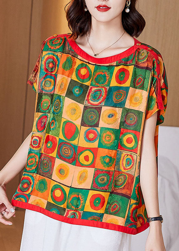 Style Colorblock O Neck Print Patchwork Silk T Shirt Tops Summer