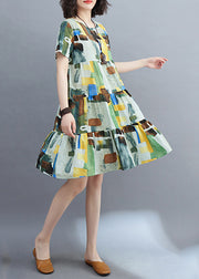 Style Colorblock Ruffled Patchwork Mid Dress Short Sleeve