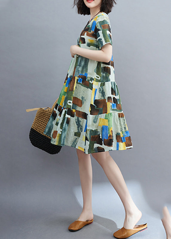 Style Colorblock Ruffled Patchwork Mid Dress Short Sleeve