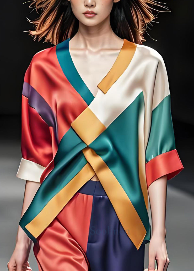 Style Colorblock V Neck Cross Patchwork Silk Top Summer