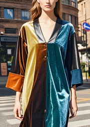 Style Colorblock V Neck Patchwork Velvet Vacation Dresses Fall