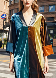 Style Colorblock V Neck Patchwork Velvet Vacation Dresses Fall