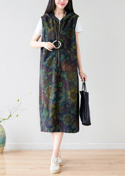 Style Colorblock Zippered Hooded Print Cotton Long Dress Sleeveless